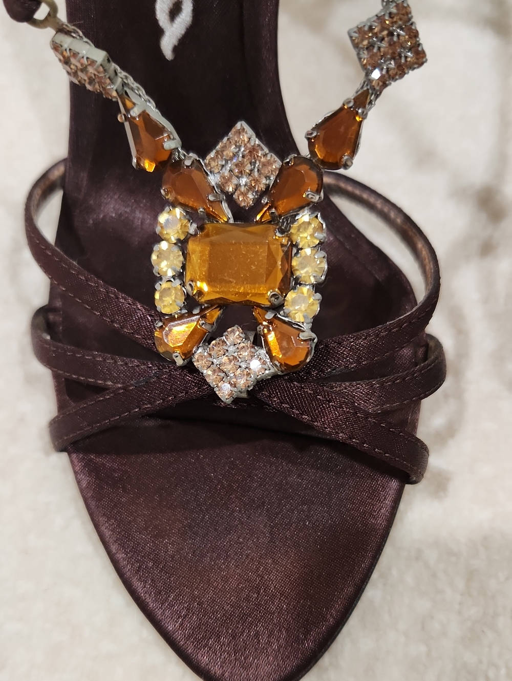 Nina Brown Satin Jeweled T-Strap Heels - Picture 3 of 8